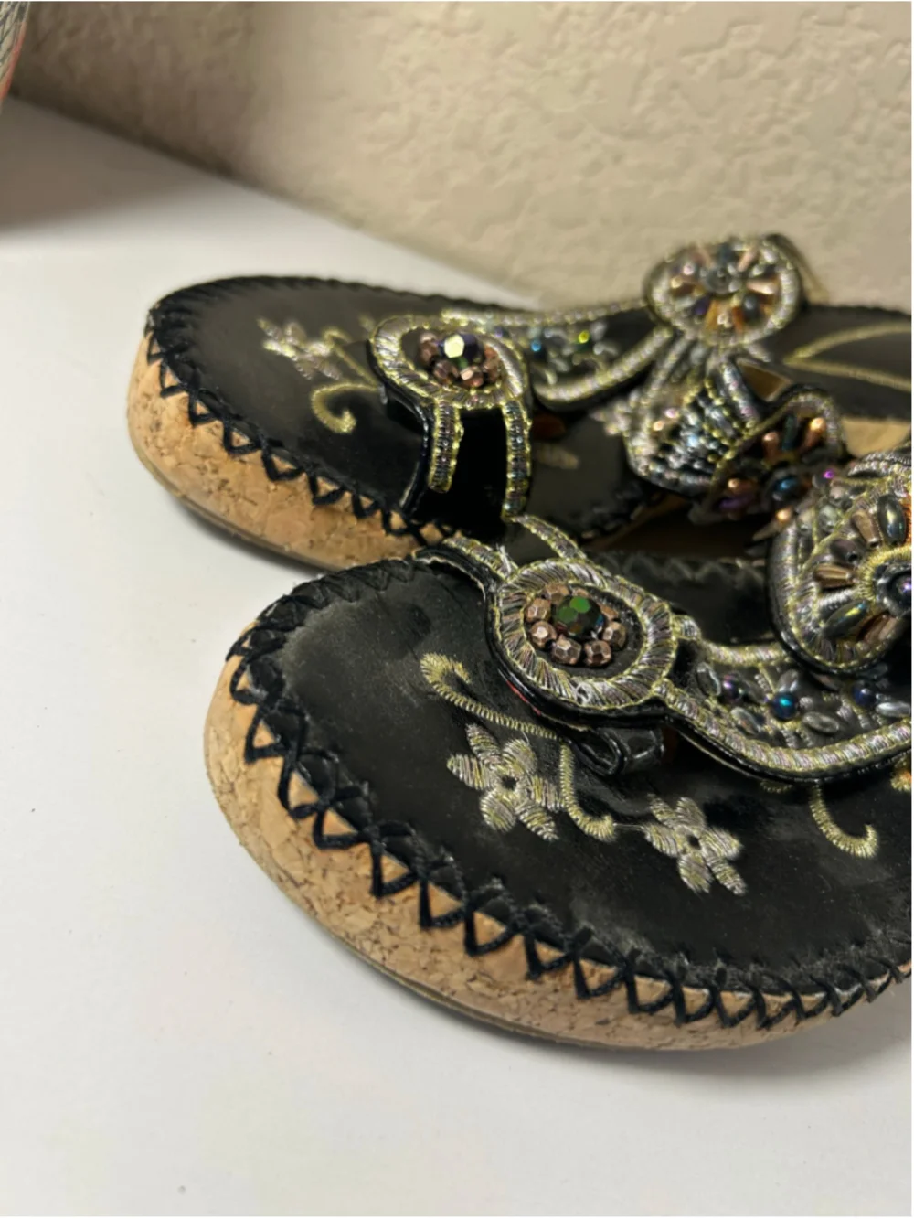 Women's Unbranded Beaded Cork Wedge Sandals Black and Gold